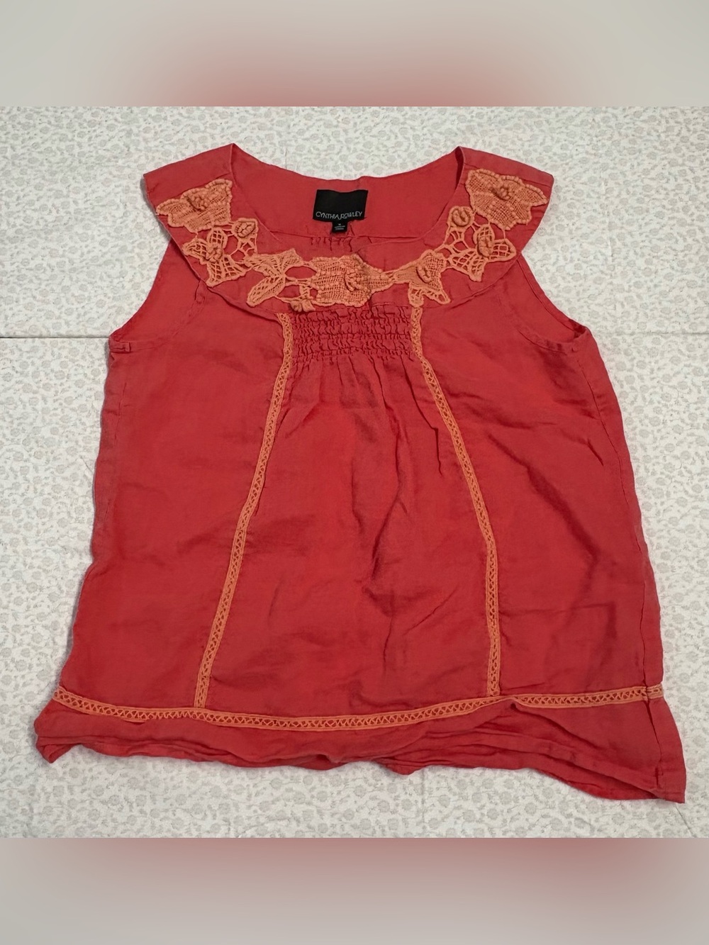 Y2K Cynthia Rowley Women's Red Solid Scoop Neck Lace Accent Sleeveless Tank Top